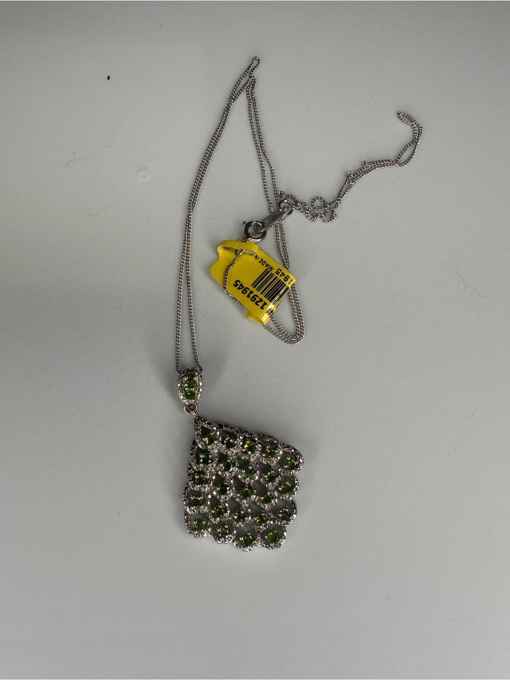 Silver Necklace with Green Crystal Cluster Pendant